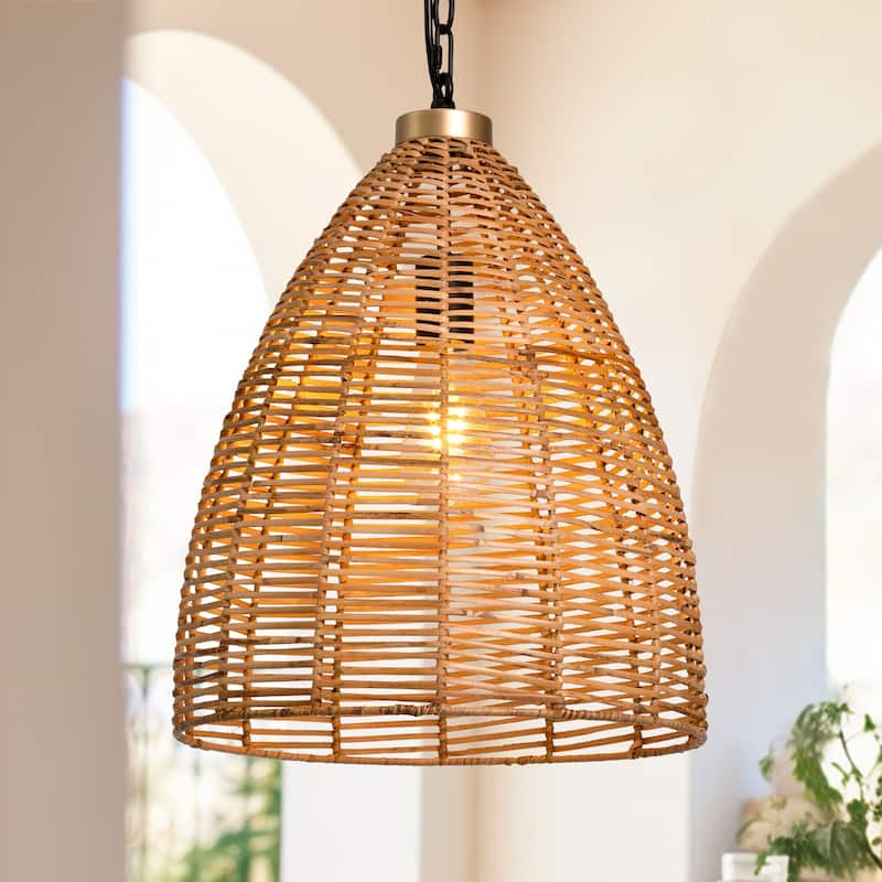 Ravy Farmhouse 1-Light Rattan Pendant Coastal Large island Light for Kitchen Island - Dia.14.2"xH16.5"