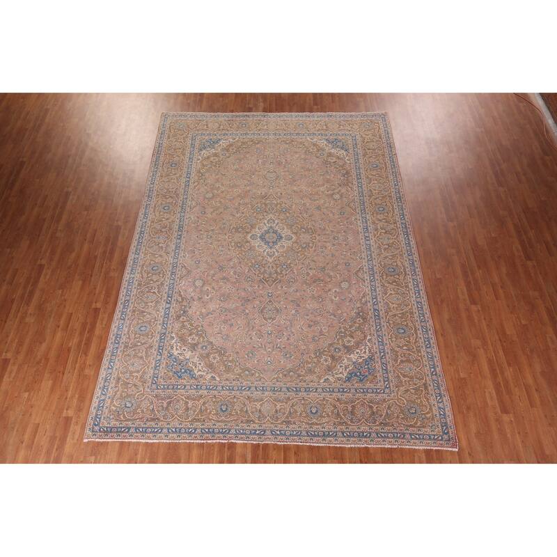 Pink Mashad Persian Vintage Area Rug Hand-Knotted Wool Carpet - 9'7"x 13'4"