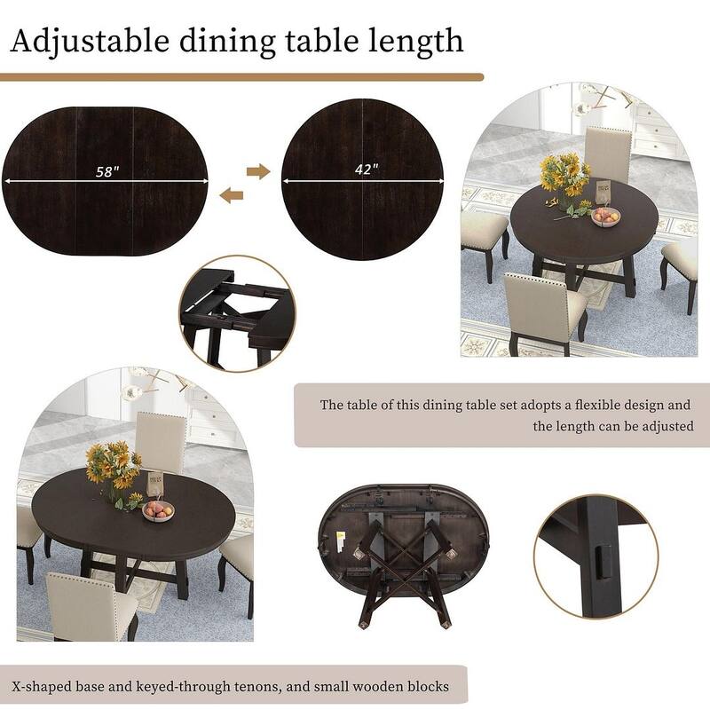 Wooden Round Drop Leaf Extendable Dining Table Set with 4 Upholstered Chairs