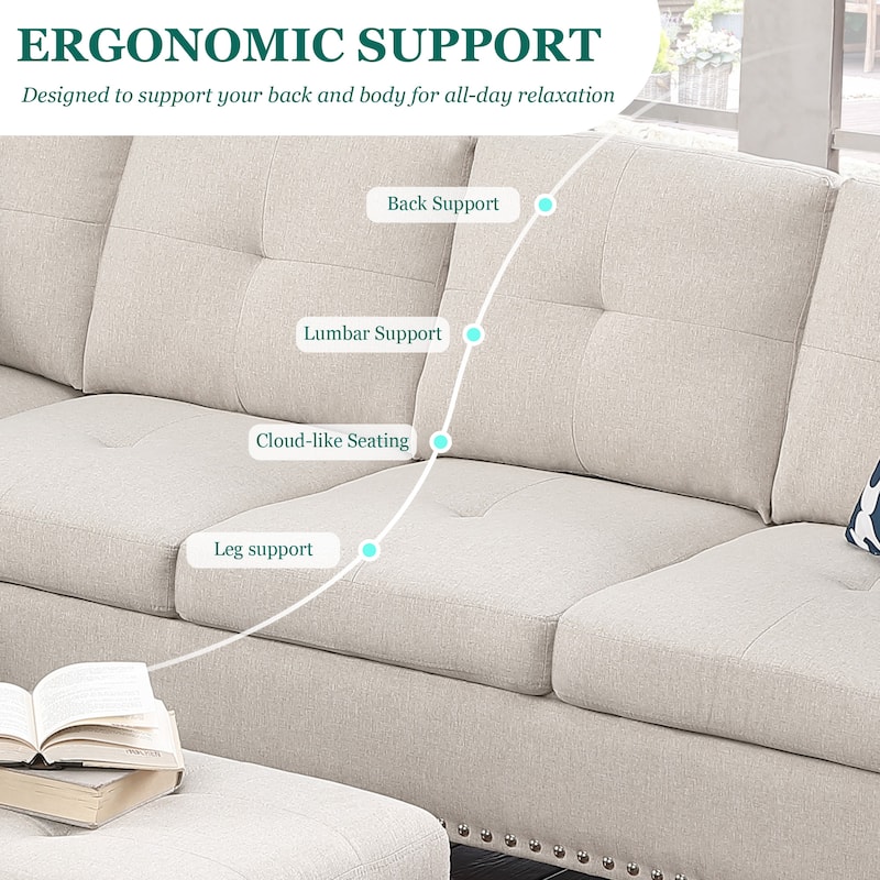 HOMEFUN Linen/Leather Upholstered L-Shaped 4-seater Multifunctional Sectional Sofa with Storage Ottoman,Cup Holder