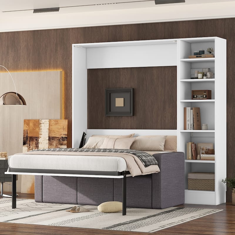 White Full Size Murphy Bed with Sofa and Built-in Shelves, Space-Saving Design - White