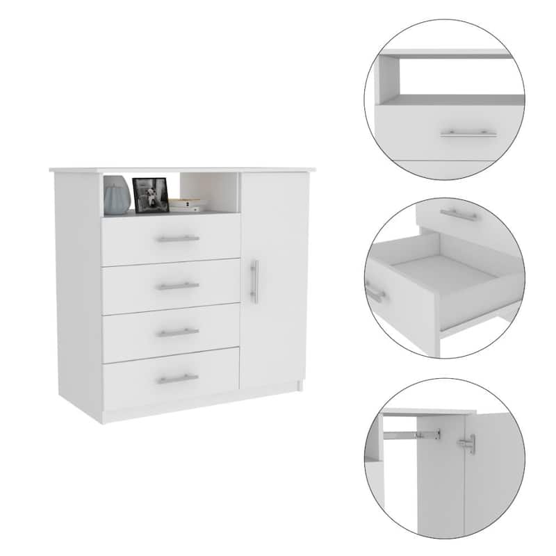 4 Drawer Dresser, Single Door Cabinet, One Open Shelf, Superior Top