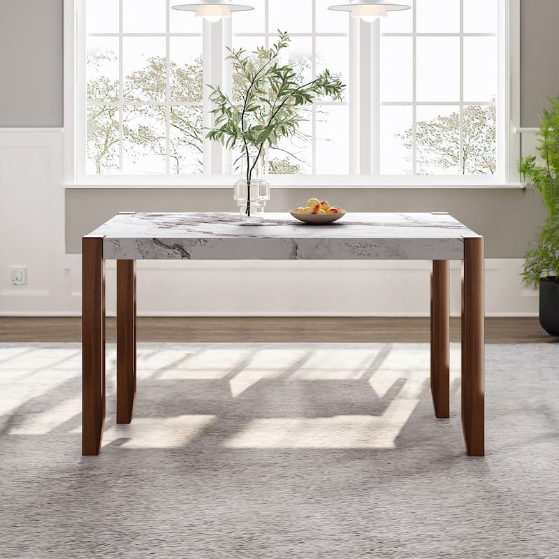 Rectangular Faux Marble Style Dining Table with Wood Legs