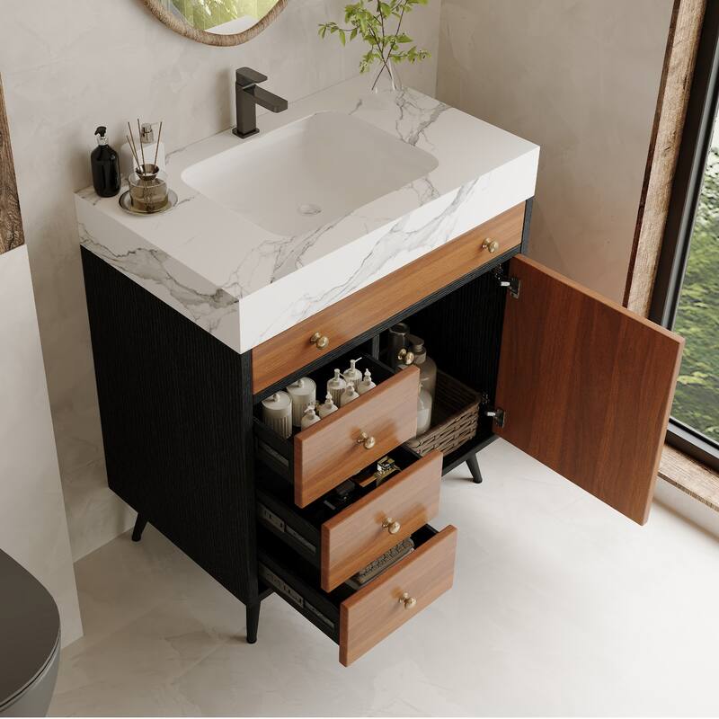 GDFStudio - Bristol Modern 29.9" Freestanding Bathroom Vanity with Sintered Stone Top, Ceramic Sink & Stainless Steel Legs