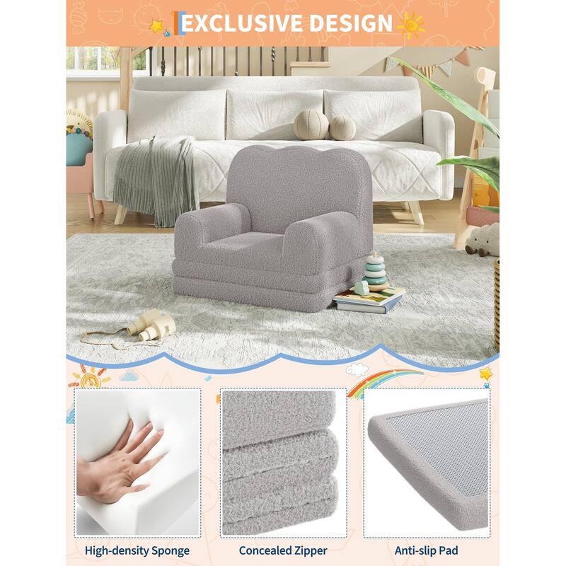 Kids Couch, 2-in-1 Convertible Teddy Fleece Fabric Toddler Sofa Chair
