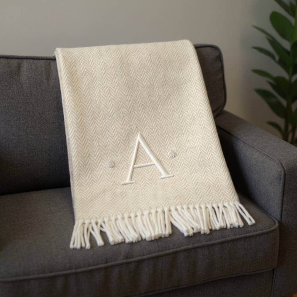 HomeRoots 55" X 70" Linen And White Herringbone Cotton Blend A Initial Throw Blanket with Tassels And Embroidery