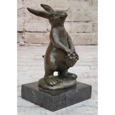 Easter Bunny Imitative Rabbit Holding A Basket Bronze Sculpture Statue Figure On Marble Base
