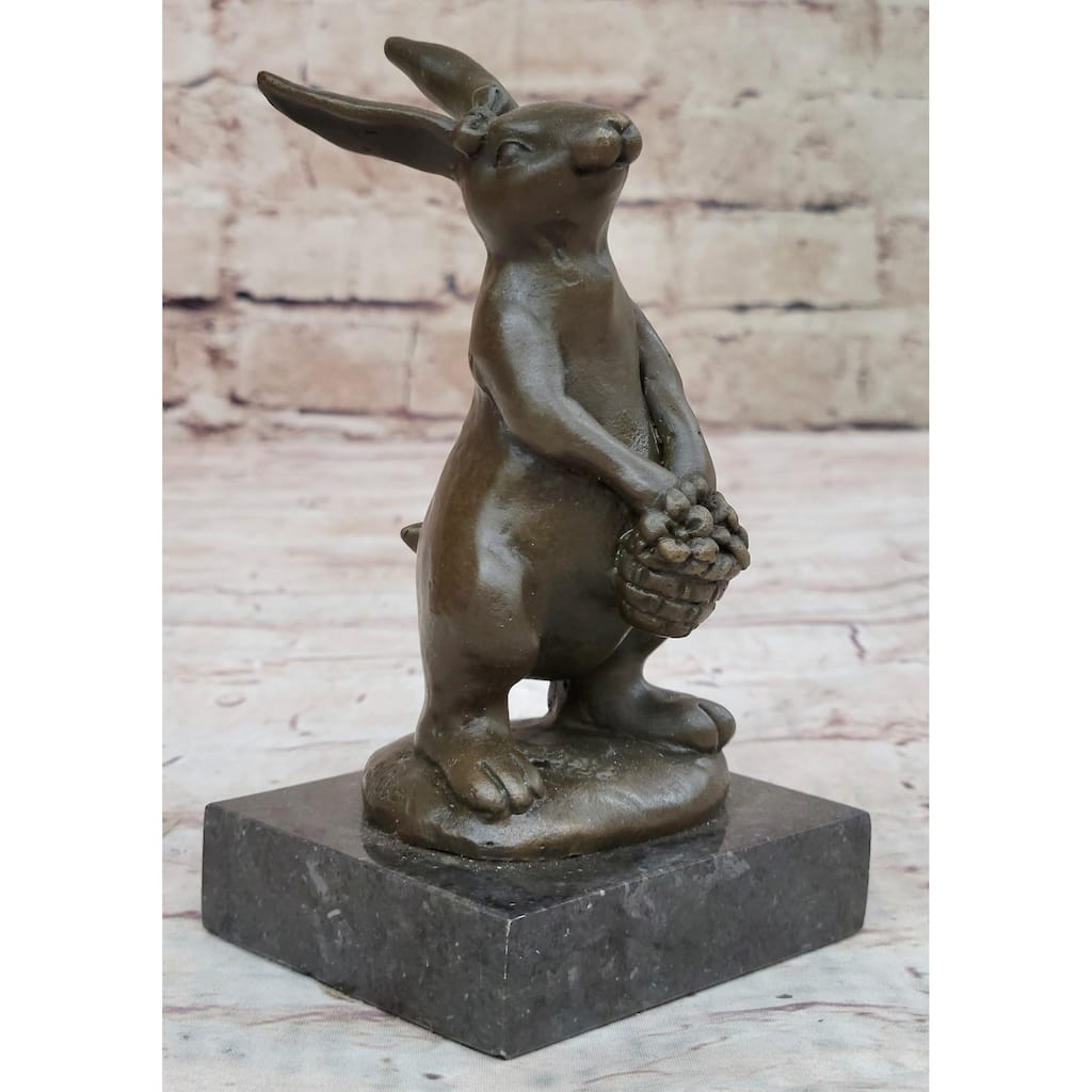 Easter Bunny Imitative Rabbit Holding A Basket Bronze Sculpture Statue Figure On Marble Base