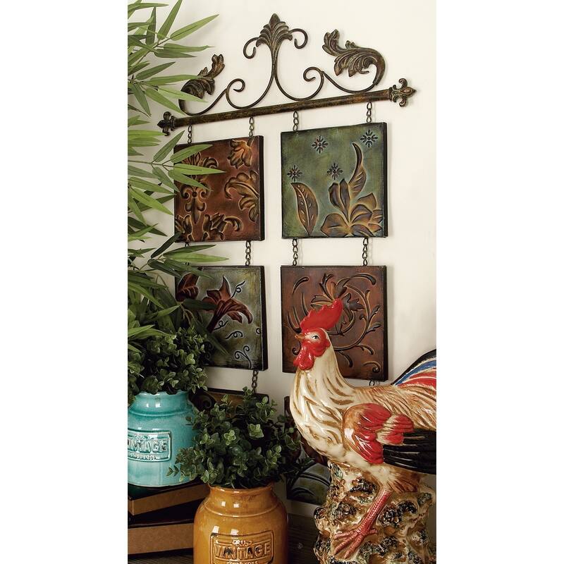 Multi Colored Metal Embossed Floral Home Wall Decor with 6 Suspended Panels and Scroll Details
