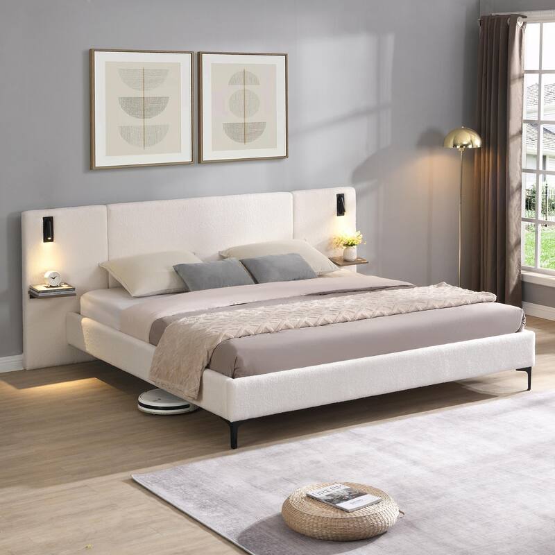 Chic Bouclé Upholstered Bed with Integrated Lighting and Shelves