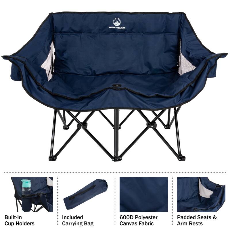 Double Camping Chair - Foldable Portable Couch with 2 Cupholders and Padded Seats - Two-Person Camp Chair by Wakeman Outdoor