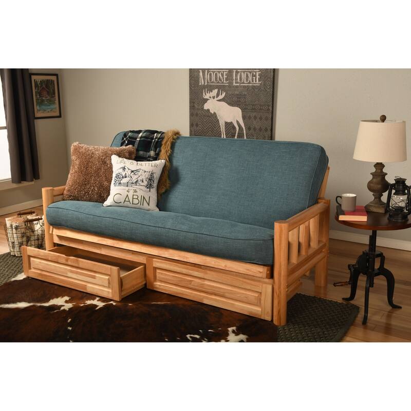 Somette Lodge Storage Futon Set in Natural Finish with Linen Mattress - Linen Aqua