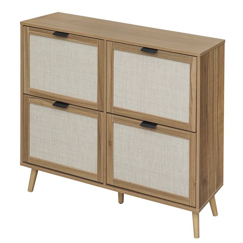 Modern Natural Rattan Shoe Rack Storage Cabinet for Entryway