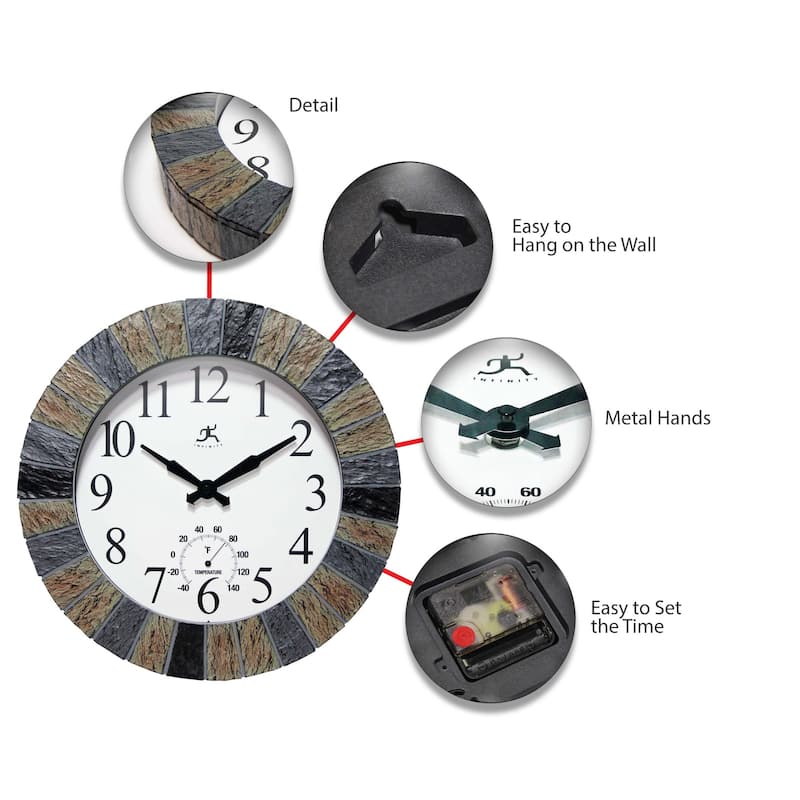Faux 13 inch Indoor/Outdoor Wall Clock with Thermometer - 13 x 2 x 13