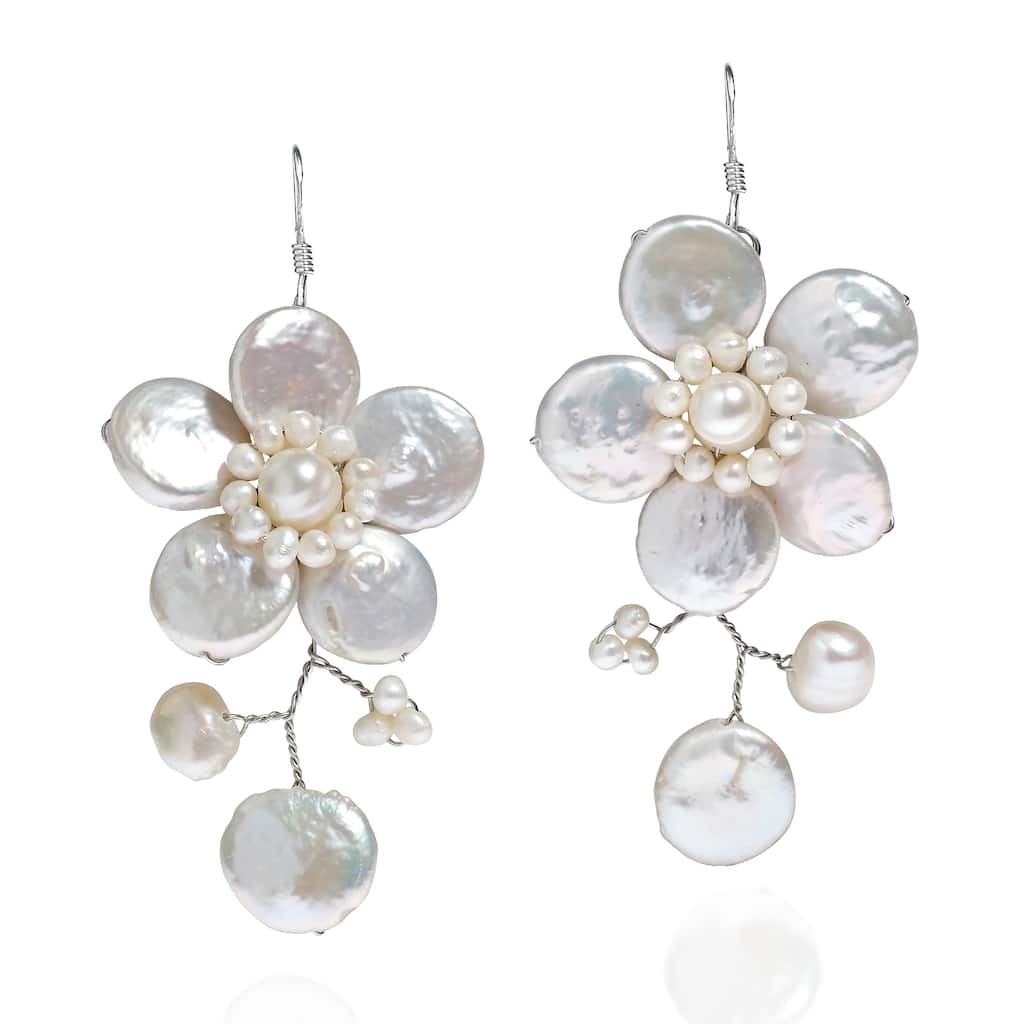 Handmade Dazzling Elegant White Pearl Flower Handmade Sterling Silver Earrings (Thailand)
