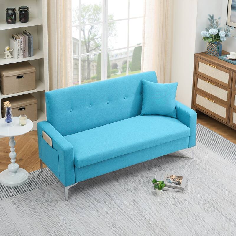 Cotton & Linen Loveseat Sofa with Built-in Storage and Side Pocket - Blue