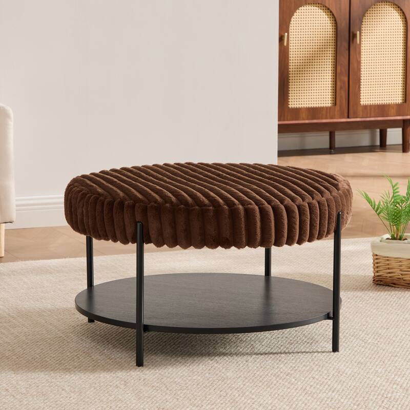 30.9"W Upholstered Coffee Table Ottoman,Round Coffee Table Bench with Storage Shelf and Metal Legs