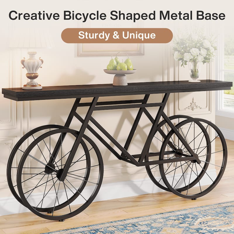 70.9-Inch Long Narrow Console Table with Metal Bicycle Base - Brown - 70.87" L x 11.81" W x 33.46" H