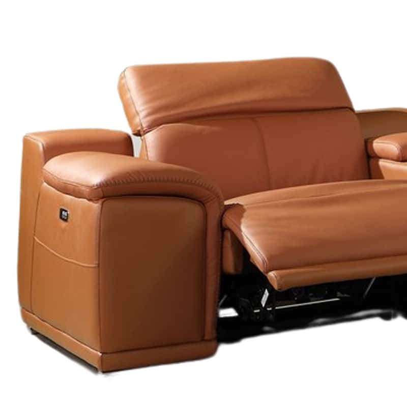 HomeRoots Camel Italian Leather Power Reclining U Shaped Six Piece Corner Sectional With Console