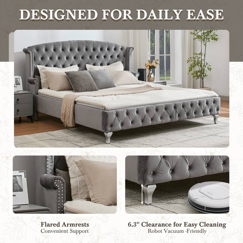 Christopher Knight Home - Larkswood Velvet Upholstered King Size Bed Frame with Wingback Headboard