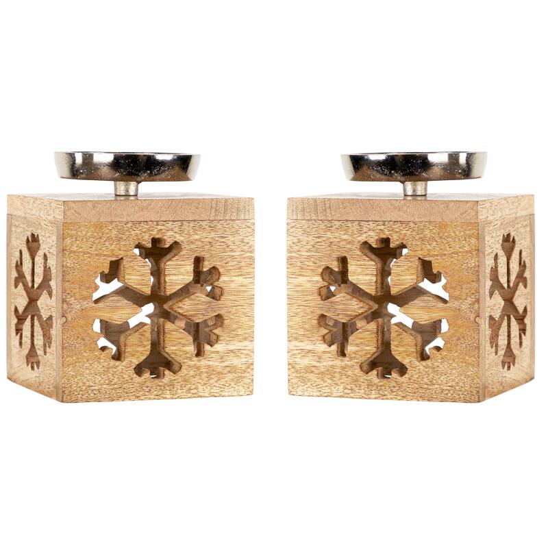 Snowflake Box Wooden Christmas Tealight Holders - 4.75" - Set of 2