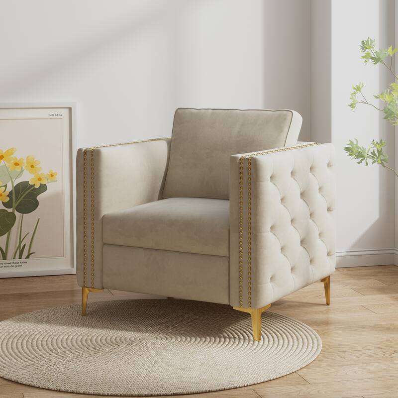 Accent Chair for Living Room Upholstered Arm Chair with Metal Legs - Beige