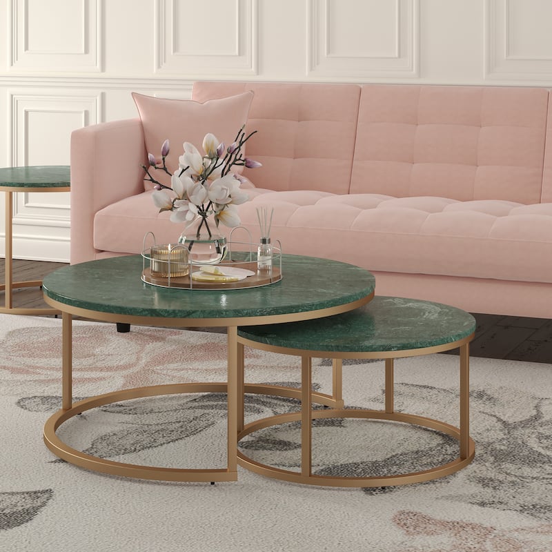 Walker Green Marble and Gold Round Nesting Coffee Table, 32"W x 32"D x 19"H by Sevita - 32"W x 32"D x 19"H - Marble - 32"W x 32"D x 19"H - Green/Gold