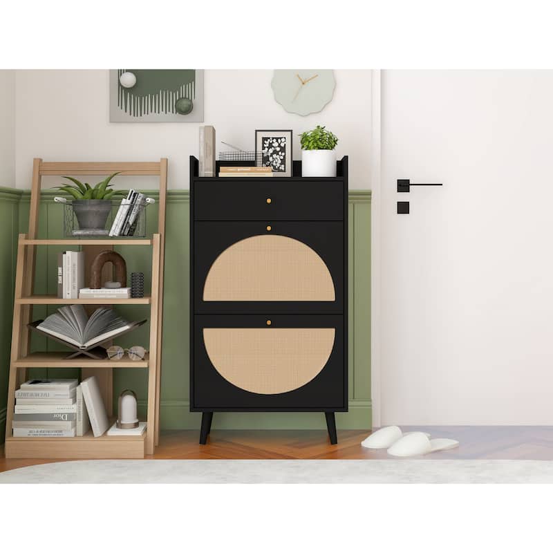 Roomfitters Rattan Shoe Cabinet with Drawer, 2 Door Slim Shoe Storage Rack, Entryway Organizer - Black