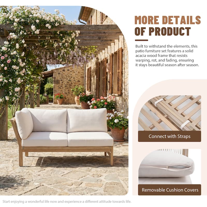 Outdoor Sectional Sofa Set 6-Piece Acacia Wood L-Shaped Corner Sofa Set with Dining Table & Ottoman