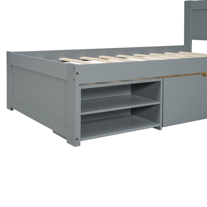 Twin Size Modern Platform Bed with Drawer and Two Storage Shelves
