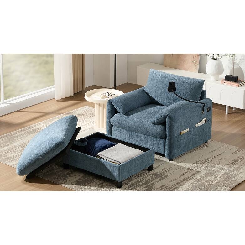 Single Sofa with Storage Ottoman, Lounge Chair with Phone Holder, USB Charger & Side Pockets, Comfy Chenille Reading Armchair