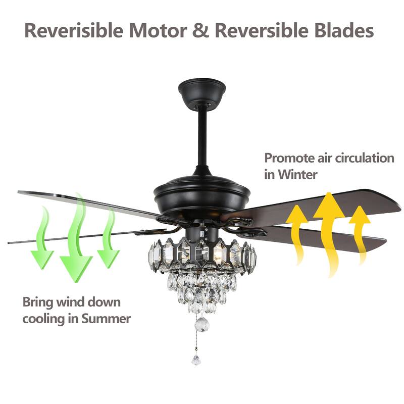 Bella Depot 52" Crystal Ceiling Fan with Reversible Blades, Remote Control and Light Kit