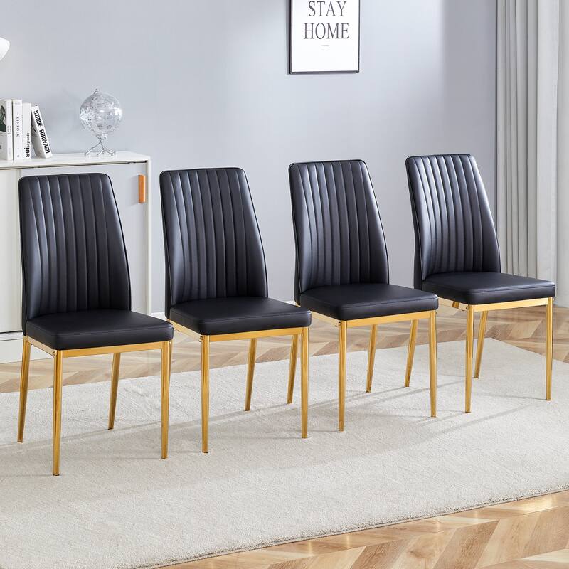 4 Dining Chair Set, Black Dining Chair Set, Pu Material High Back Seat And Sturdy Gold Leg Chair - Black+Gold