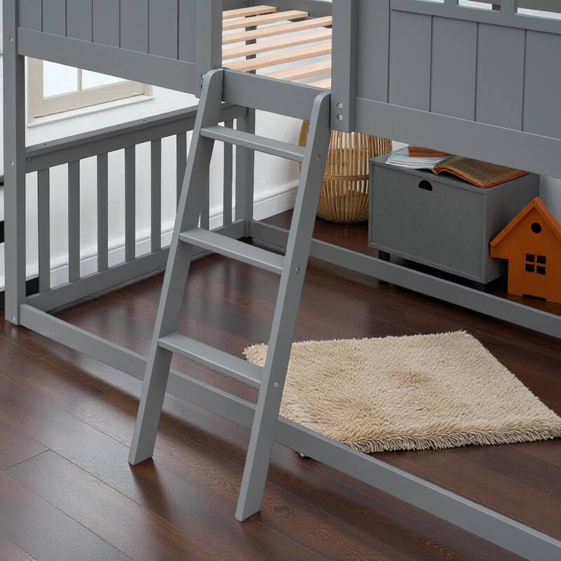 Twin Over Twin House Bunk Bed with Roof and Ladder, Solid Wood Frame, Playhouse Style Kids Bed, No Box Spring Needed