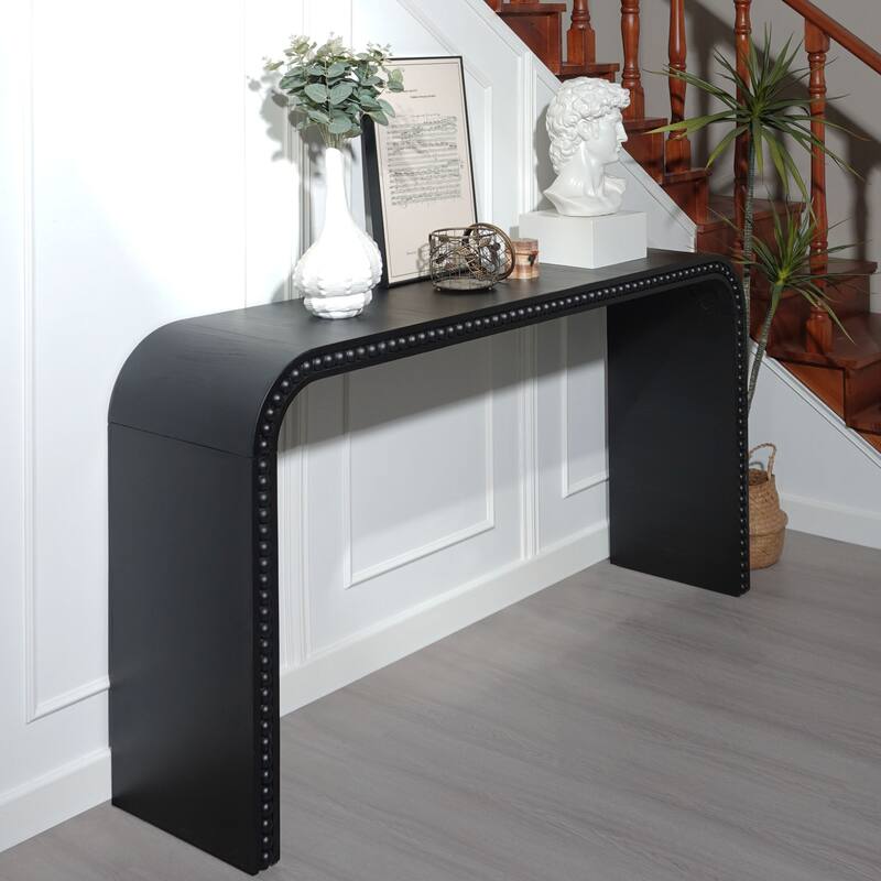 Roomfitters Black Wood Console Table, 59in Curved Waterfall Entryway Table with Wood Bead Detail, Black