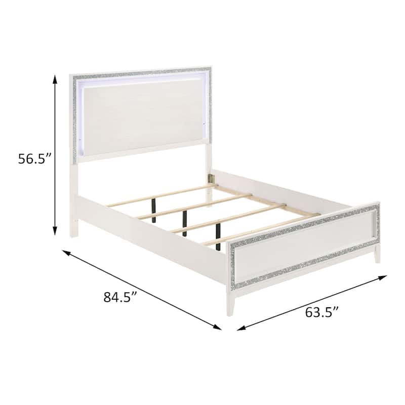 Elegant White Queen Bed with LED Headboard and Low-Profile Footboard