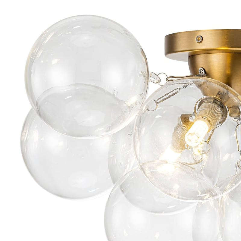 3-Light Clear Glass Globe Bubble Semi Flush Chandelier - Brass 18in