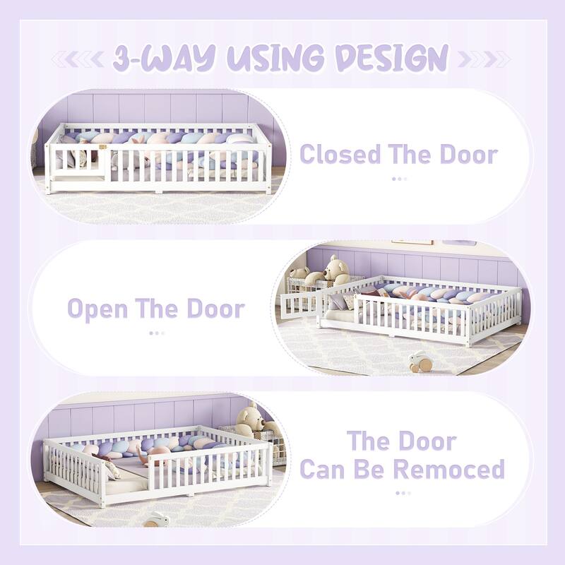 Full Size Pine Wood Floor Bed with Safety Guardrails and Door