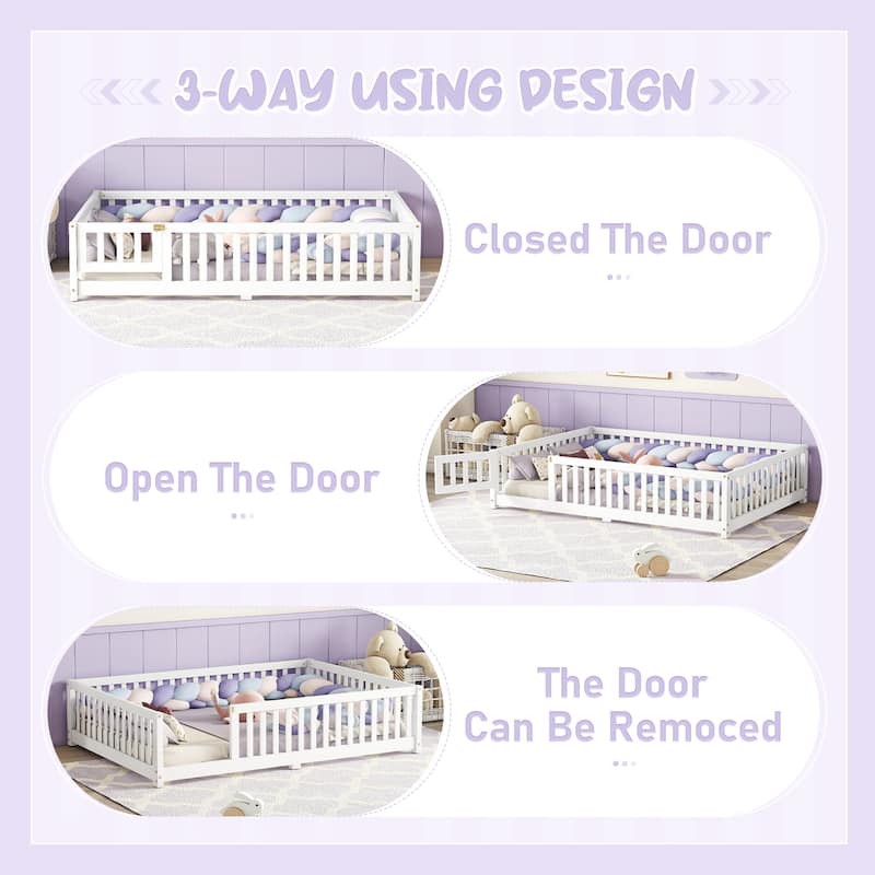 Wooden Floor Bed Frame with Safety Fence and Door, Removed Slat Design