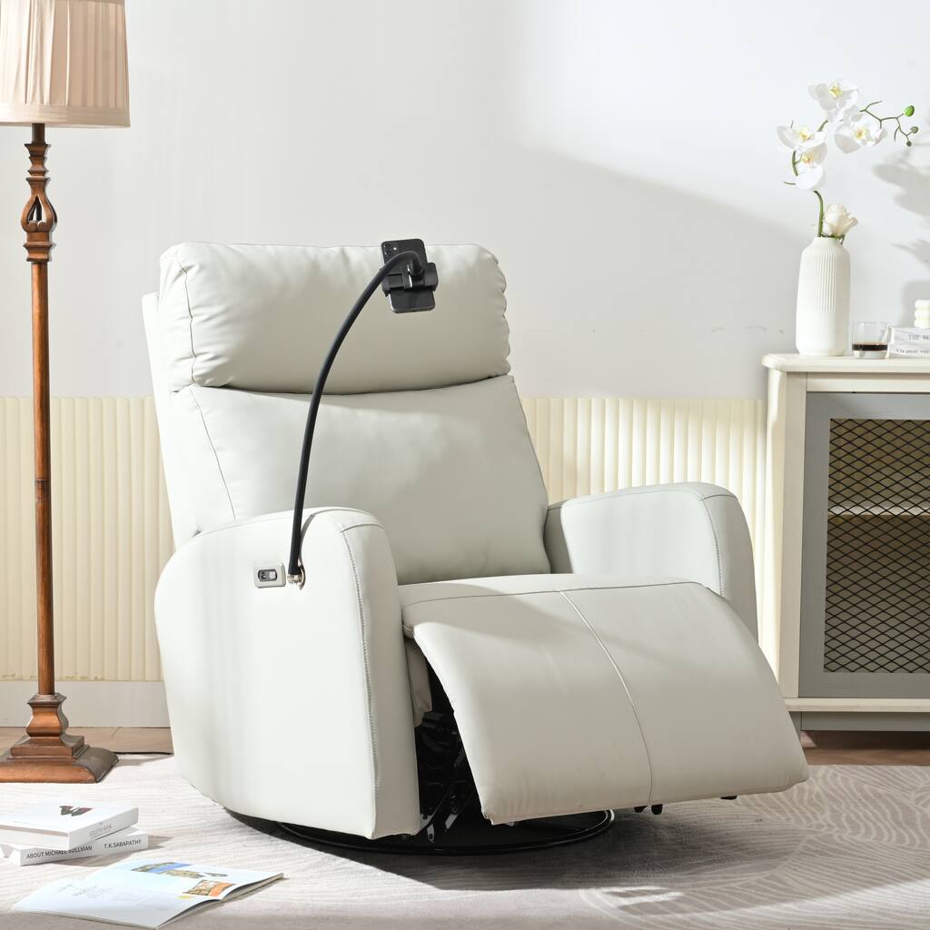 Grey 270° Swivel Rocking Recliner with USB Ports, Power Recline, and Plush Comfort