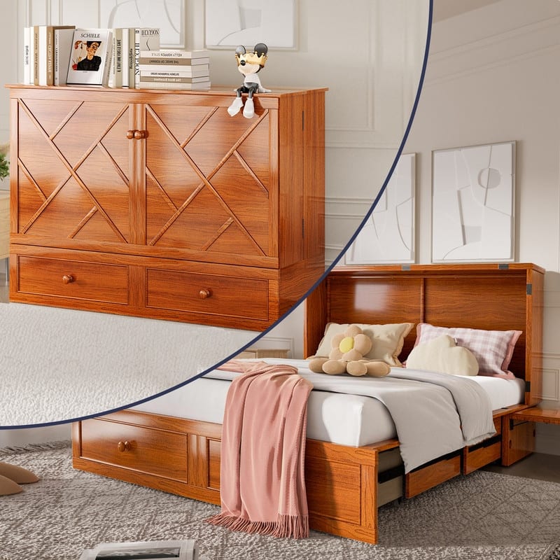 Mixoy Queen Size Murphy Bed Chest with Mattress and Storage - Cherry - Queen