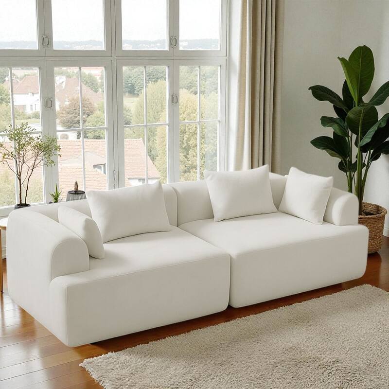 96" Full-Foam Modular Boucle Sectional Sofa, 2-Piece Low-Profile Couch with Rounded Arms