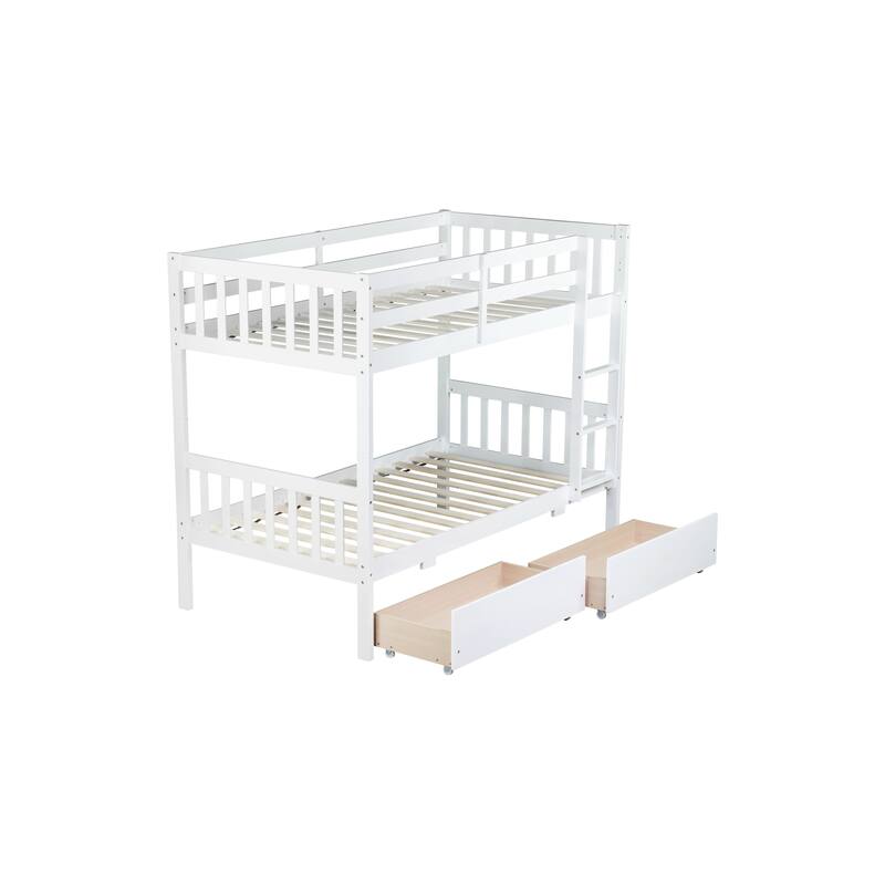 Convertible Twin Bunk Bed with 2 Drawers, Safety Rails & Ladder, White Rubber Wood Frame