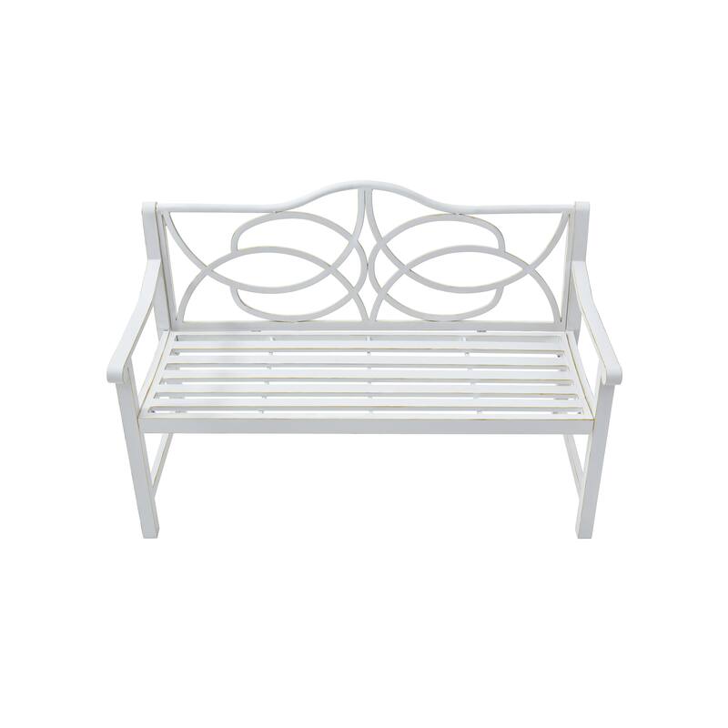 Exquisite Patio Bench Outdoor Bench with Metal Legs for Backyard, White Entryway Footrest Bench with Armrests and Backrest