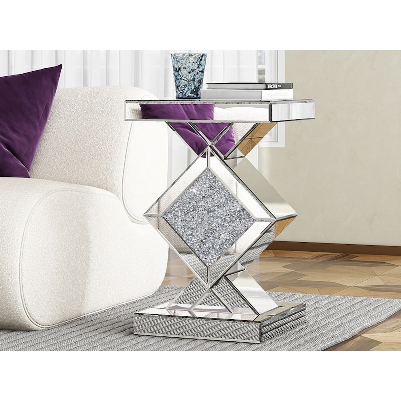 Modern Mirrored Glass Top End Table with Crushed Diamond