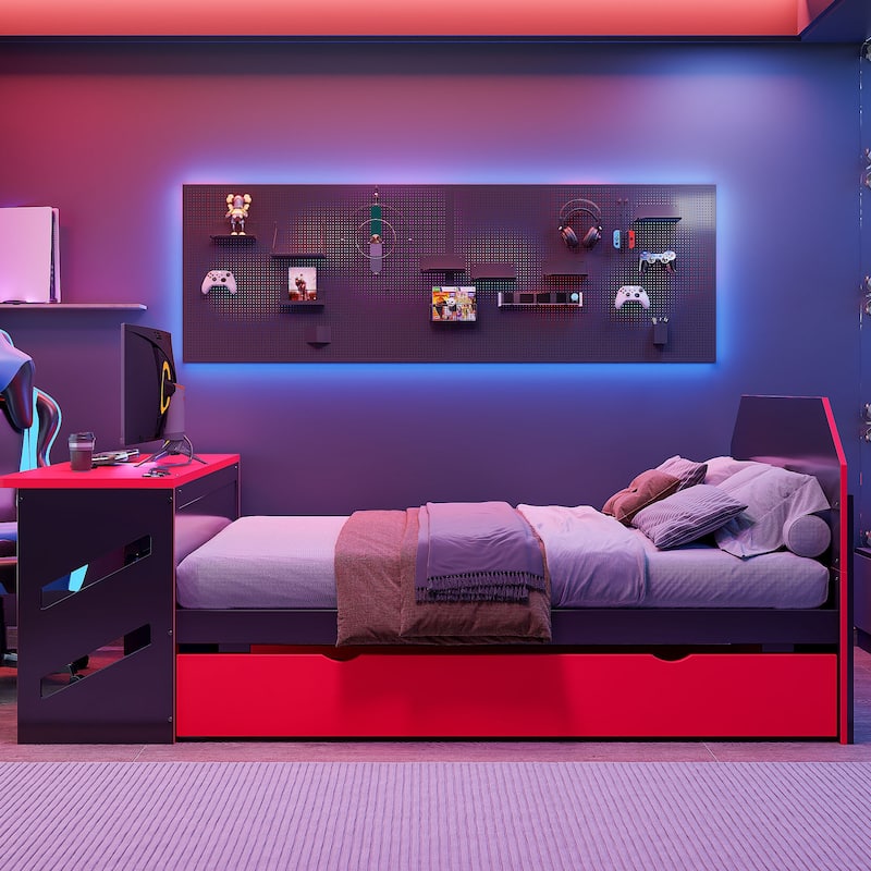 Esports & Work Daybed Full Size Platform Bed for Teens with Twin Size Trundle, Built-in Desk, USB Ports and Cable Management