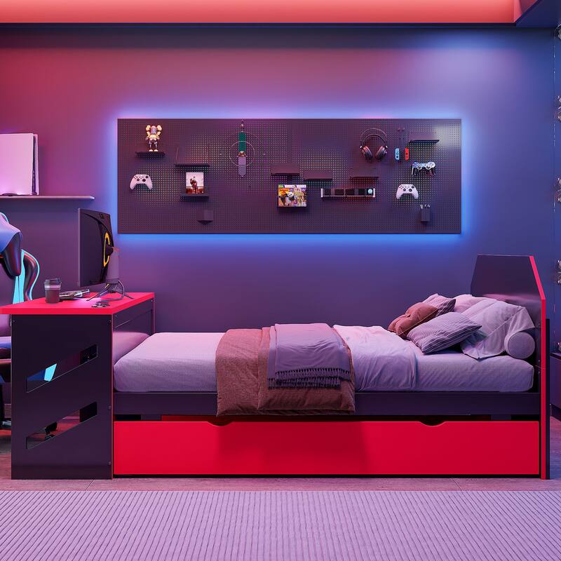 Modern Wood Daybed with Twin Trundle, Desk, and USB Port in Red