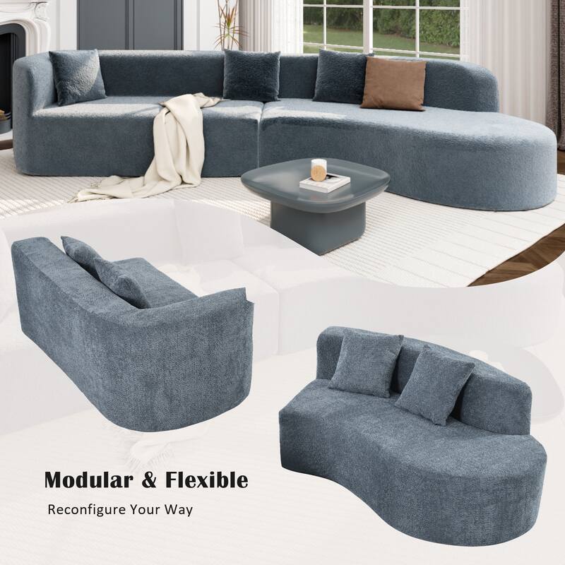 Curved Design Chenille Sectional Sofa, Modern Modular Couch with 4 Pillows, Plush Sponge and Spring Cushion, Sponge Sofa