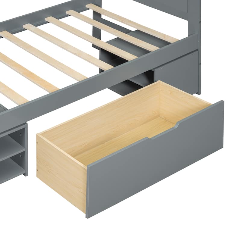 Modern Style Platform Bed with Drawer and Two Double-layer Storage Shelves for Bedroom