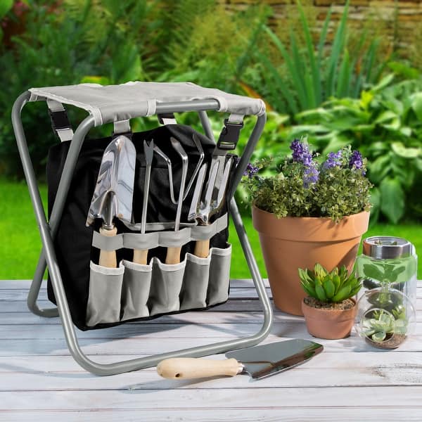Garden Tools Set - Folding Stool with 250lb Capacity, Detachable 7 Pocket Bag, and 5 Gardening Tools by Pure Garden (Gray)